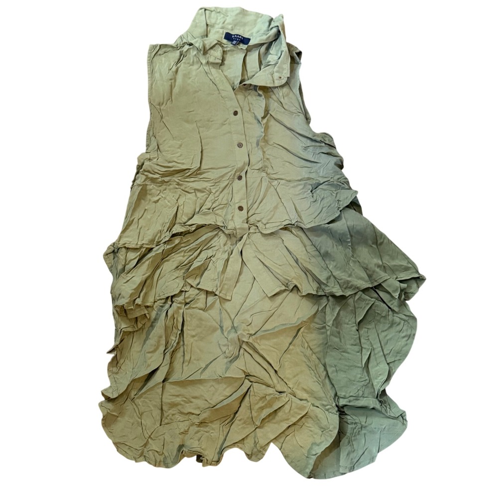 Kaari Blue Olive Green Tiered Ruffle Hem Sleeveless Button Down Tunic Top Size M